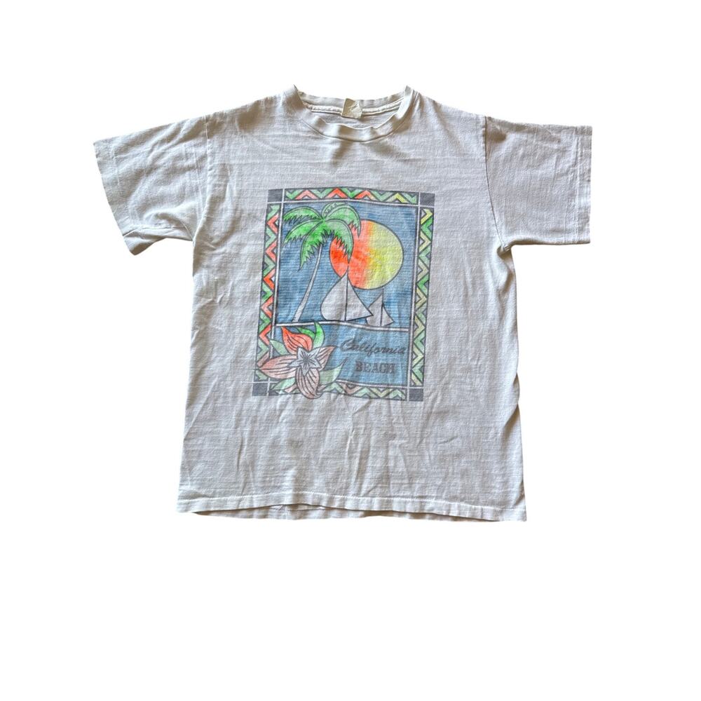 Vintage 80s California Beach Sailboat USA Single Stitch Slub T Shirt White